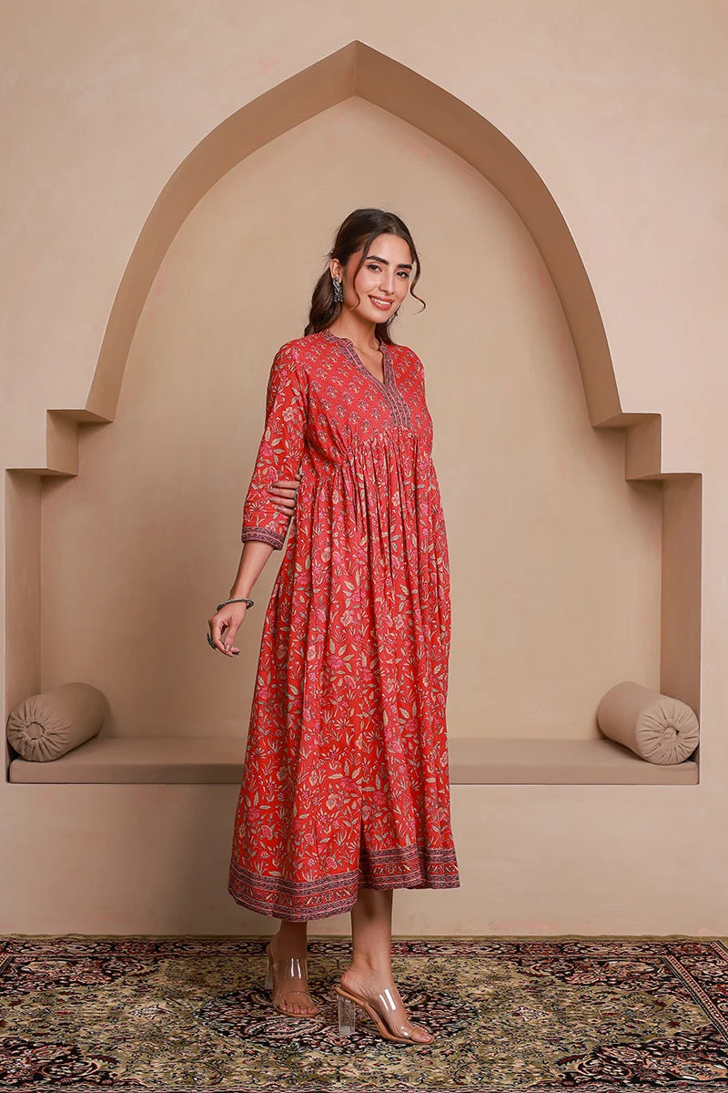 Red Floral Printed Anarkali Kurta