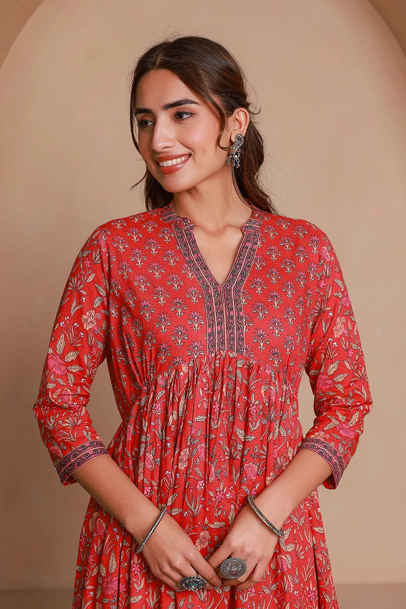 Red Floral Printed Anarkali Kurta