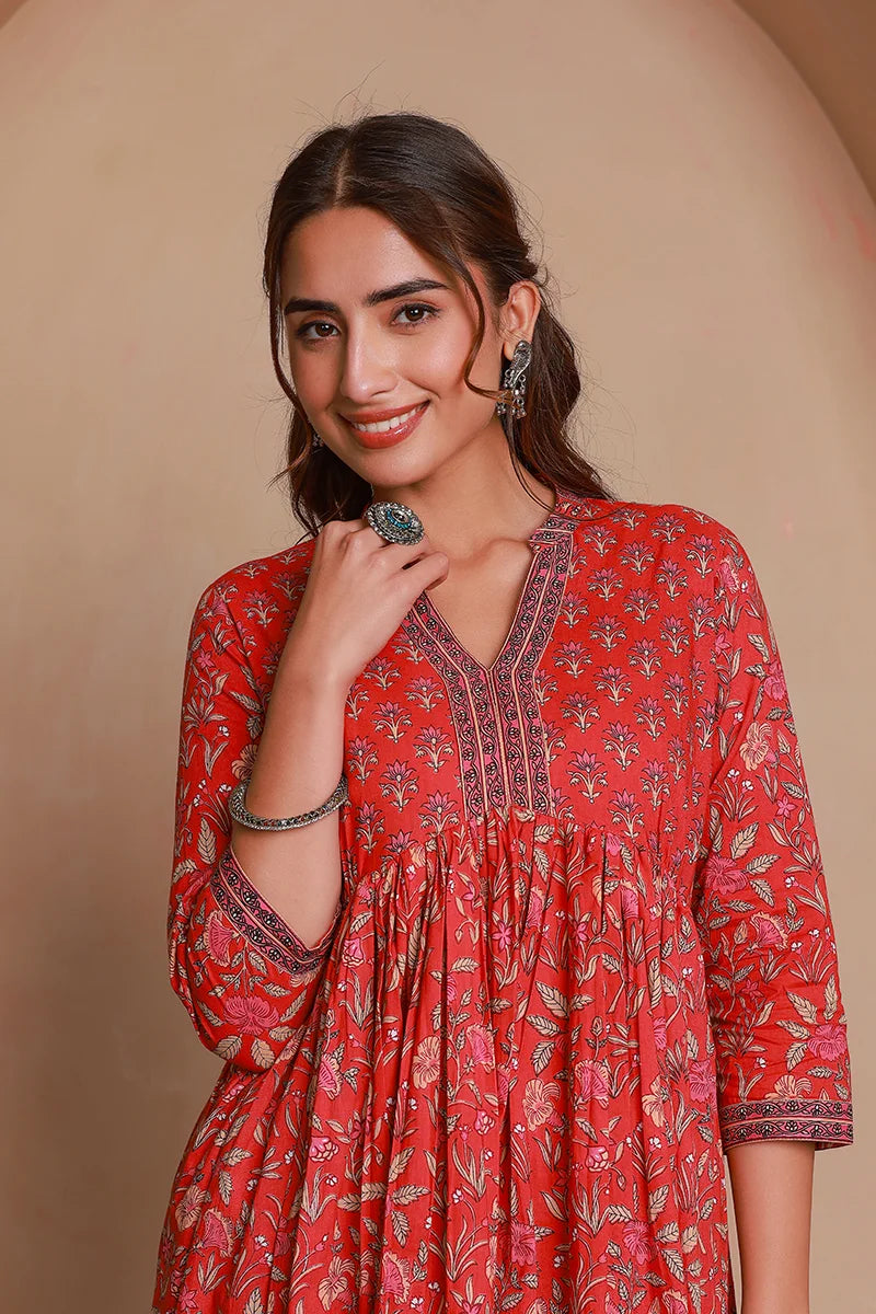 Red Floral Printed Anarkali Kurta