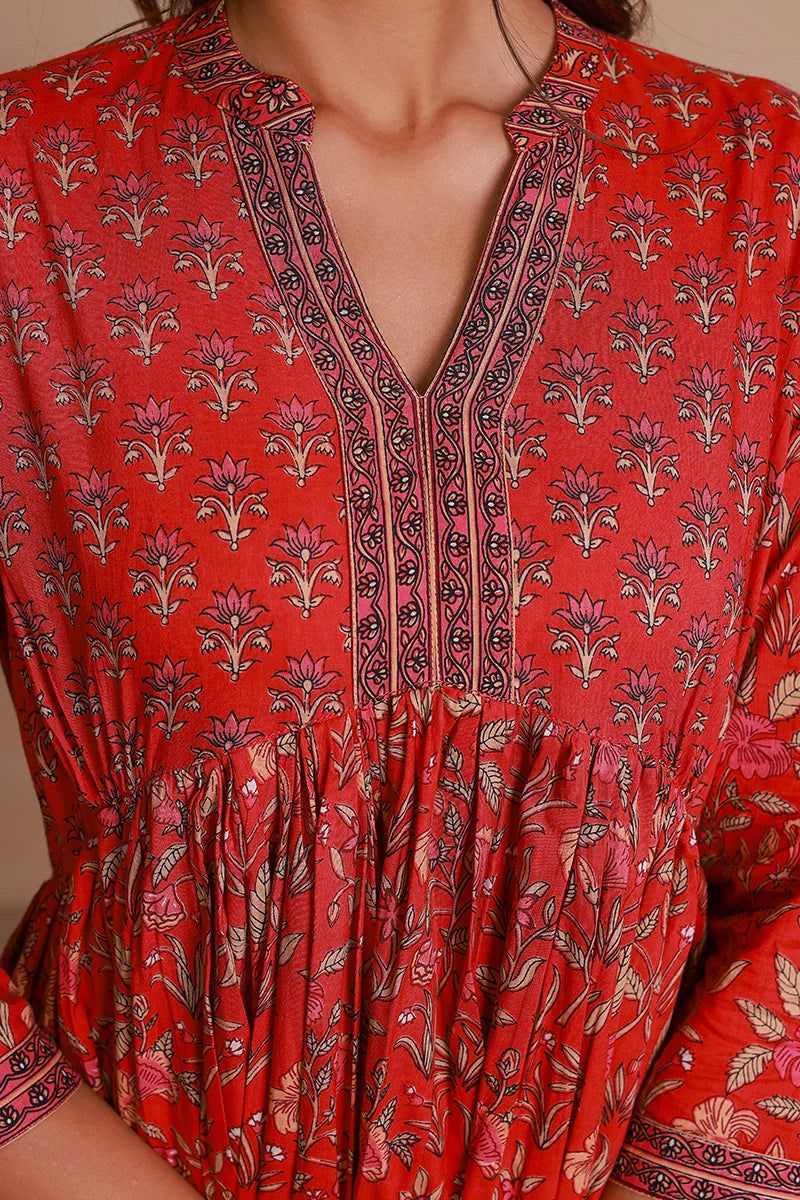 Red Floral Printed Anarkali Kurta
