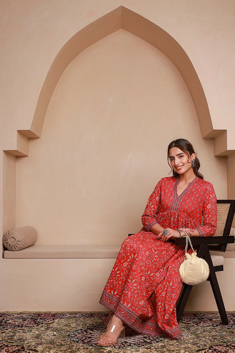 Red Floral Printed Anarkali Kurta