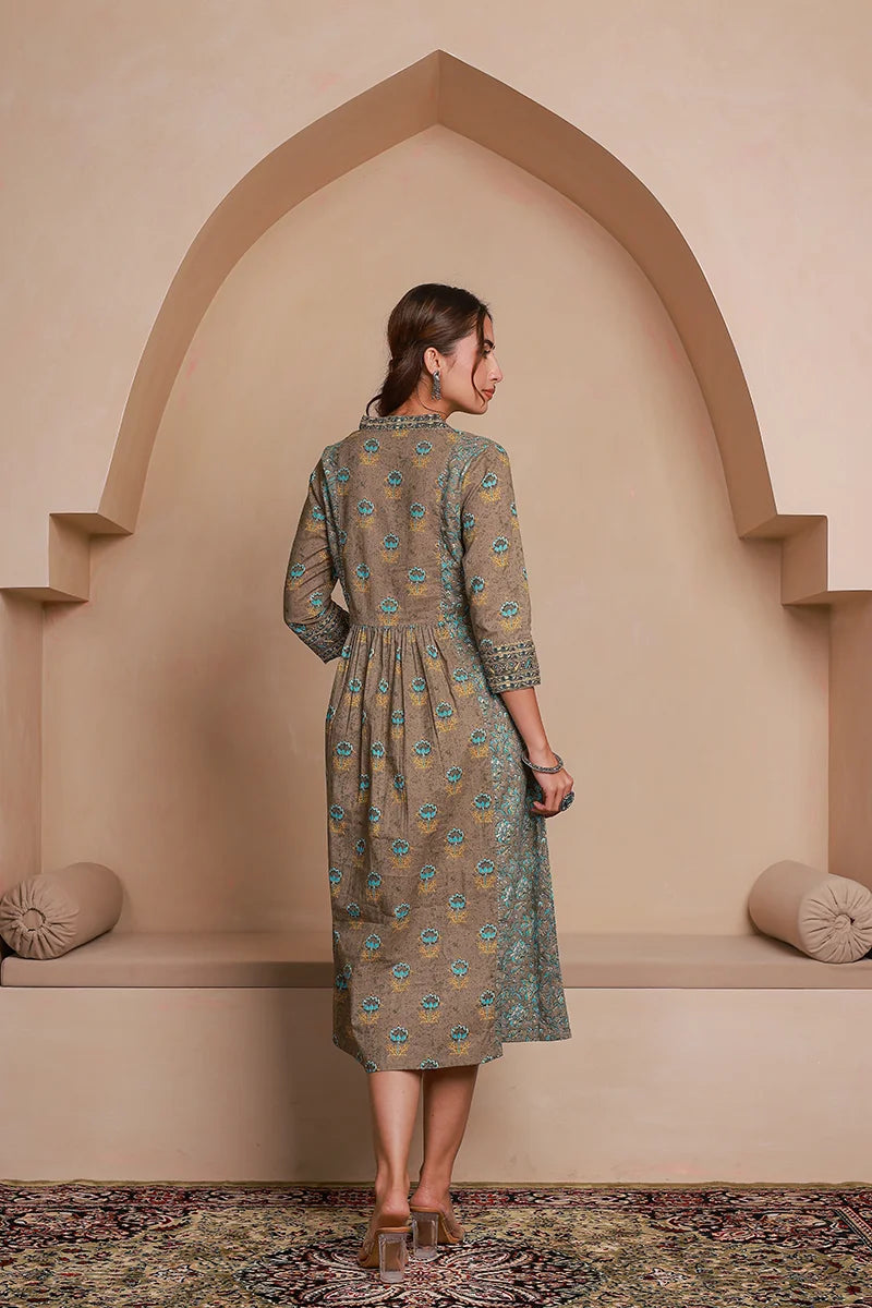 Grey Floral Print Midi Pure Cotton Ethnic Dress with Gotta Work Detail