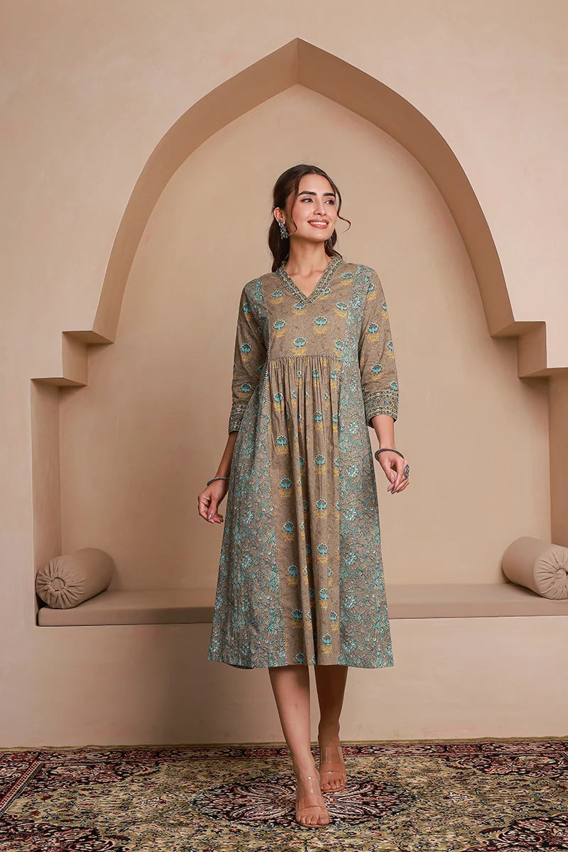 Grey Floral Print Midi Pure Cotton Ethnic Dress with Gotta Work Detail