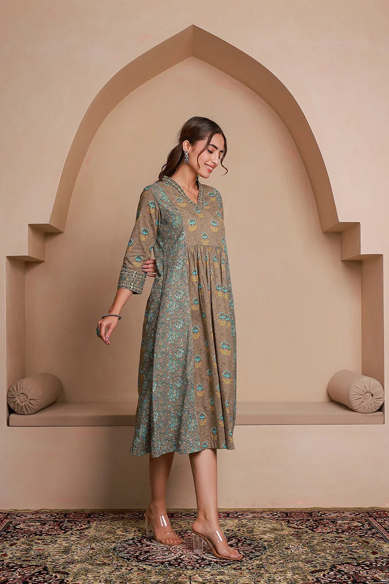 Grey Floral Print Midi Pure Cotton Ethnic Dress with Gotta Work Detail