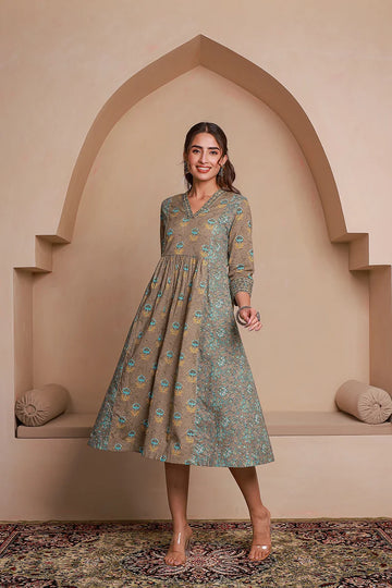 Grey Floral Print Midi Pure Cotton Ethnic Dress with Gotta Work Detail