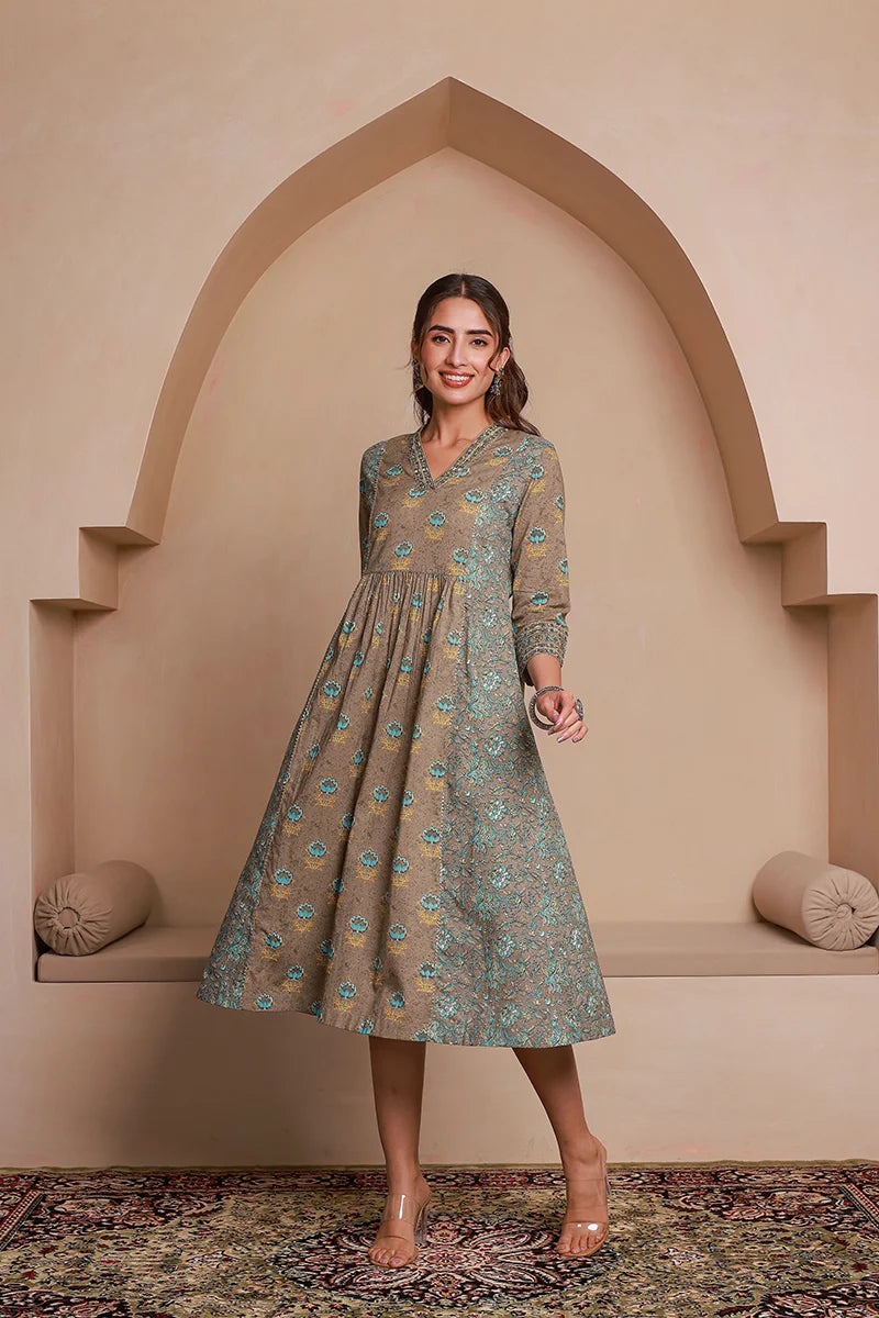 Grey Floral Print Midi Pure Cotton Ethnic Dress with Gotta Work Detail