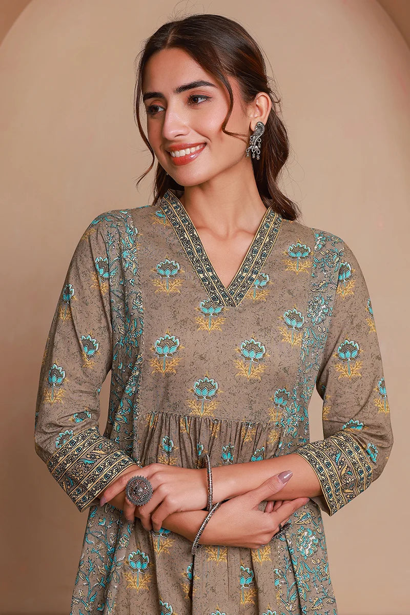 Grey Floral Print Midi Pure Cotton Ethnic Dress with Gotta Work Detail