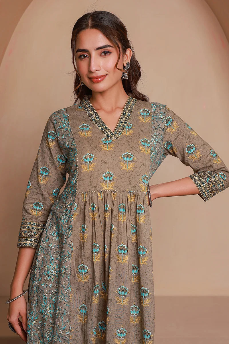 Grey Floral Print Midi Pure Cotton Ethnic Dress with Gotta Work Detail