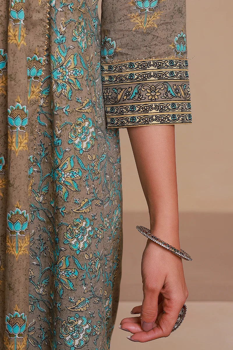 Grey Floral Print Midi Pure Cotton Ethnic Dress with Gotta Work Detail