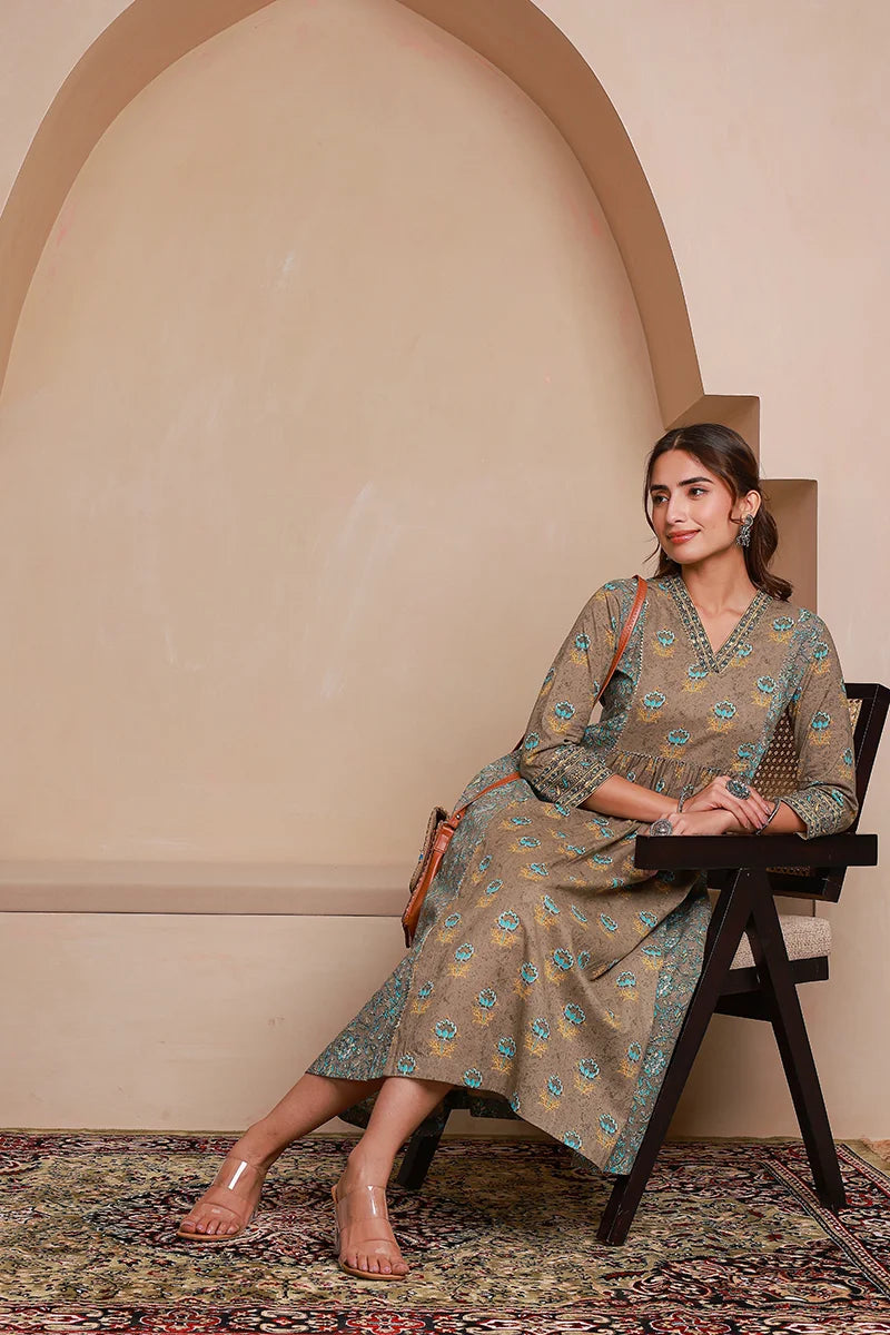 Grey Floral Print Midi Pure Cotton Ethnic Dress with Gotta Work Detail