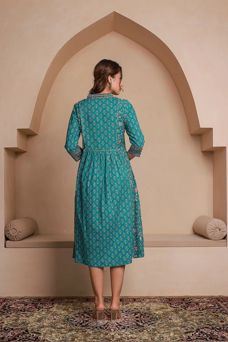 Green Floral Print Midi Pure Cotton Ethnic Dress with Gotta Work Detail