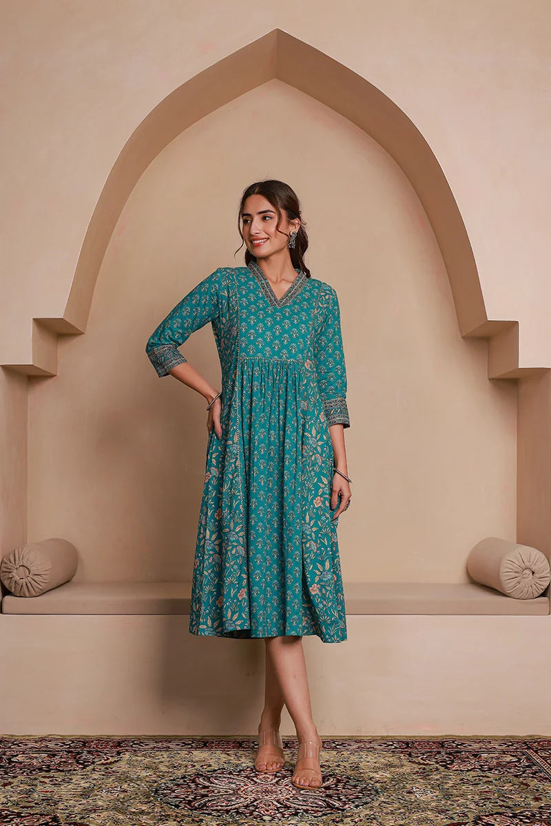 Green Floral Print Midi Pure Cotton Ethnic Dress with Gotta Work