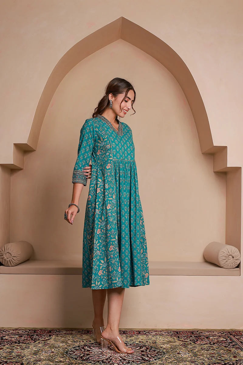 Green Floral Print Midi Pure Cotton Ethnic Dress with Gotta Work Detail