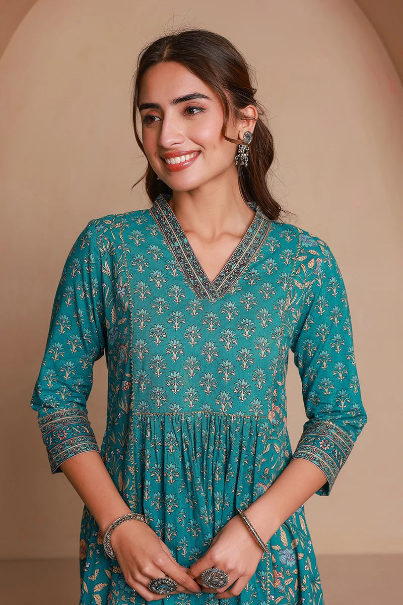 Green Floral Print Midi Pure Cotton Ethnic Dress with Gotta Work Detail