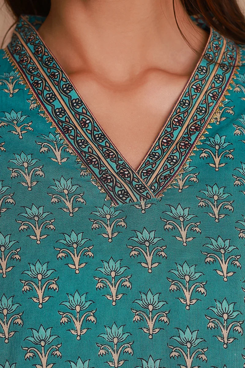 Green Floral Print Midi Pure Cotton Ethnic Dress with Gotta Work Detail