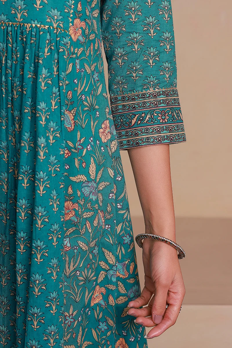 Green Floral Print Midi Pure Cotton Ethnic Dress with Gotta Work Detail