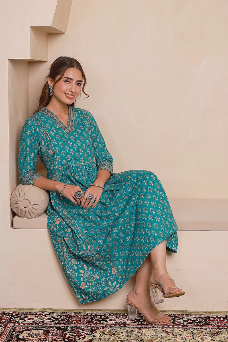 Green Floral Print Midi Pure Cotton Ethnic Dress with Gotta Work Detail
