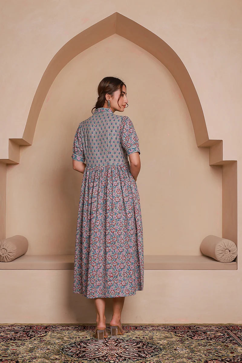 Grey Floral Printed V-Neck Gathered Detailed Cotton A-Line Midi Ethnic Dress