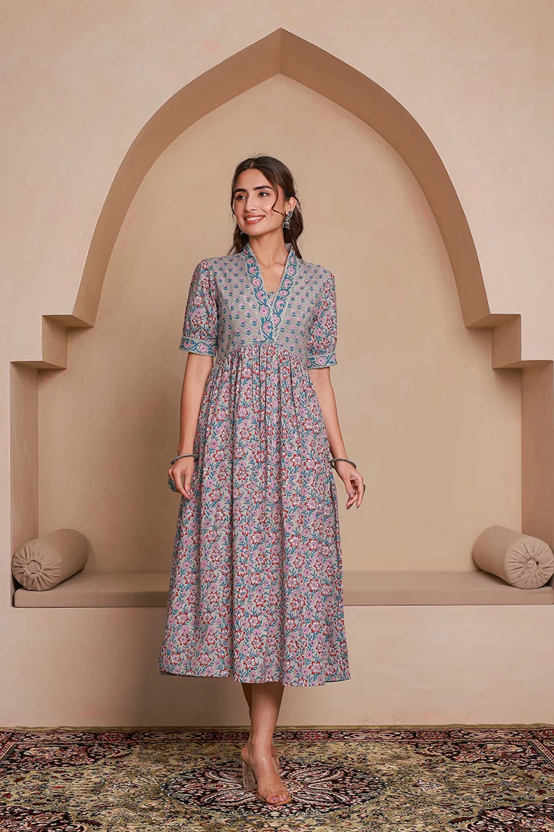 Grey Floral Printed V-Neck Gathered Detailed Cotton A-Line Midi Ethnic Dress