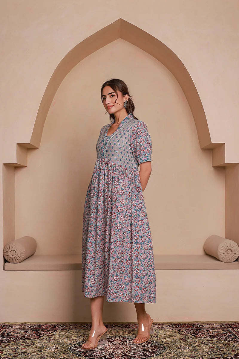 Grey Floral Printed V-Neck Gathered Detailed Cotton A-Line Midi Ethnic Dress