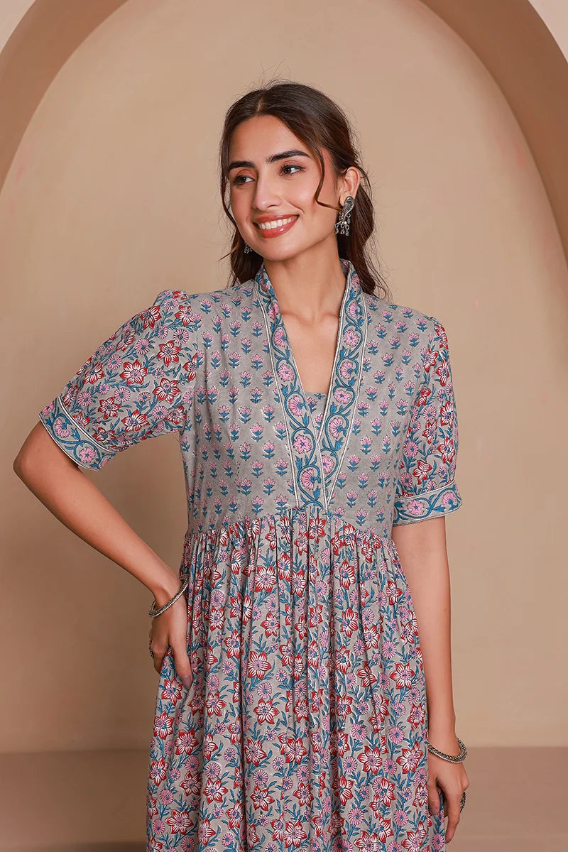 Grey Floral Printed V-Neck Gathered Detailed Cotton A-Line Midi Ethnic Dress