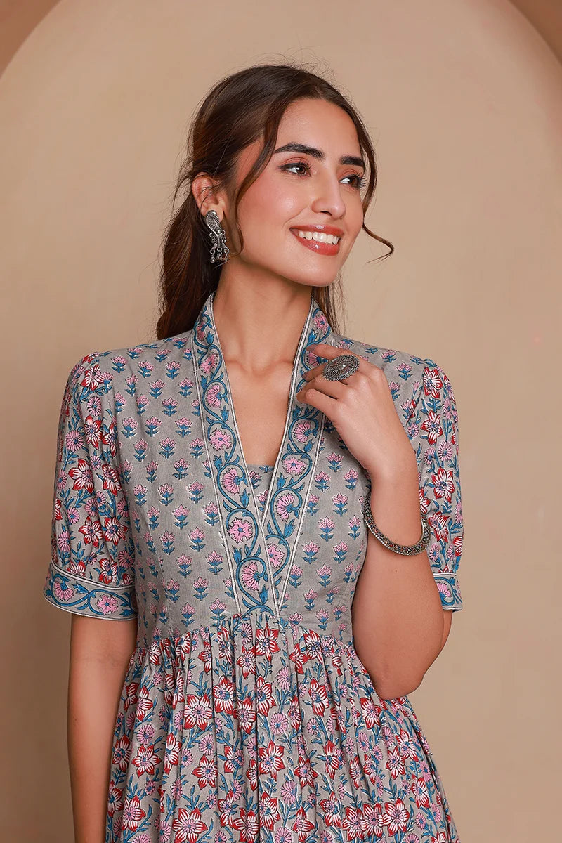 Grey Floral Printed V-Neck Gathered Detailed Cotton A-Line Midi Ethnic Dress
