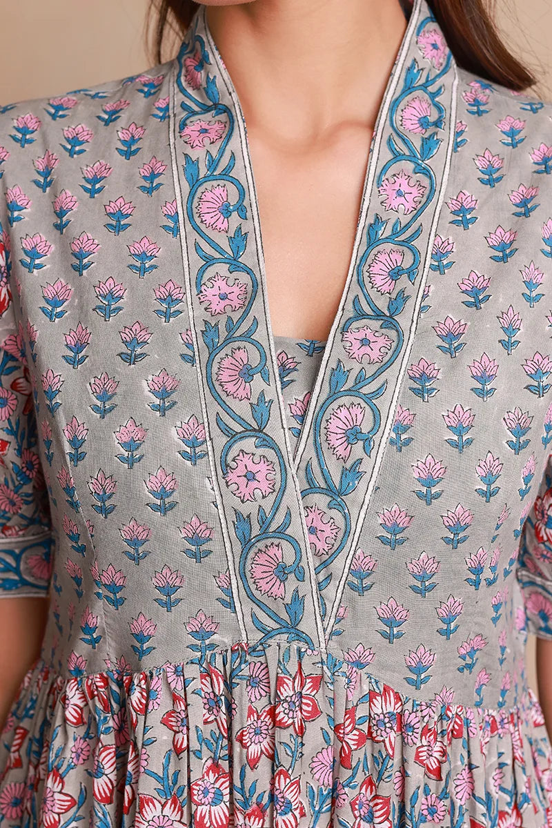 Grey Floral Printed V-Neck Gathered Detailed Cotton A-Line Midi Ethnic Dress