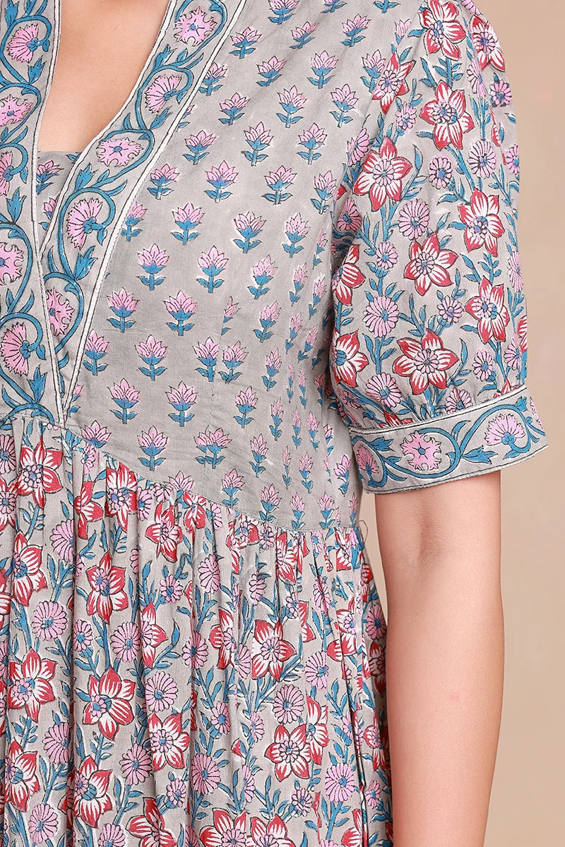 Grey Floral Printed V-Neck Gathered Detailed Cotton A-Line Midi Ethnic Dress