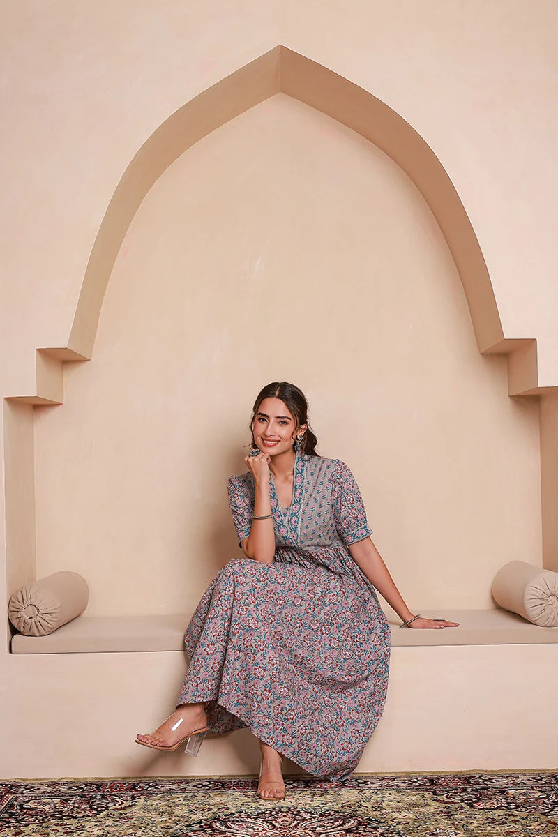 Grey Floral Printed V-Neck Gathered Detailed Cotton A-Line Midi Ethnic Dress