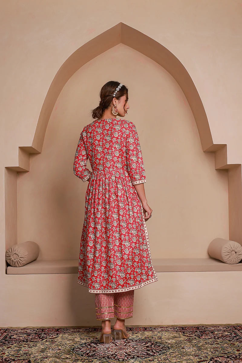 Red Floral Printed Gotta Thread Work Kurta with Trouser
