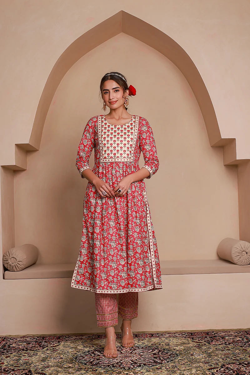 Red Floral Printed Gotta Thread Work Kurta with Trouser