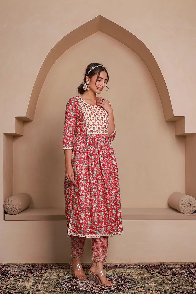Red Floral Printed Gotta Thread Work Kurta with Trouser