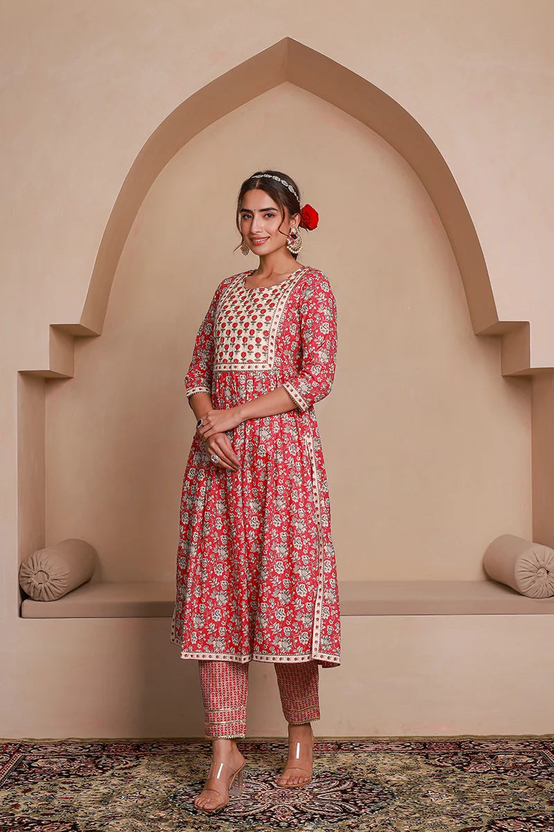 Red Floral Printed Gotta Thread Work Kurta with Trouser