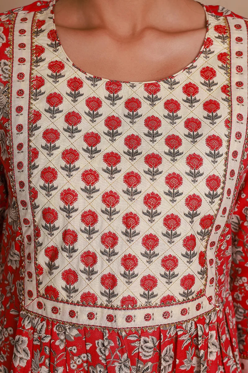 Red Floral Printed Gotta Thread Work Kurta with Trouser