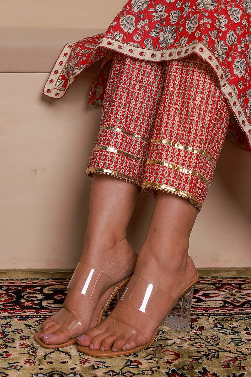 Red Floral Printed Gotta Thread Work Kurta with Trouser