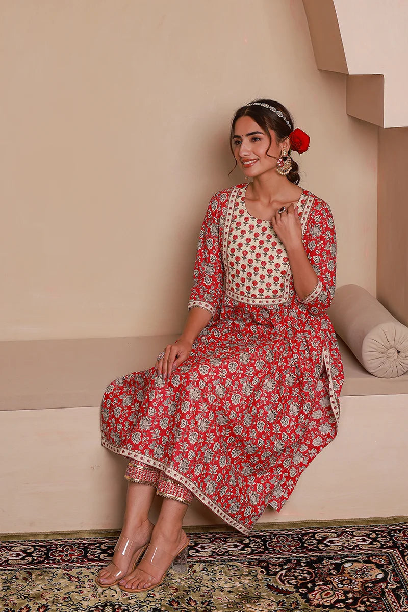 Red Floral Printed Gotta Thread Work Kurta with Trouser