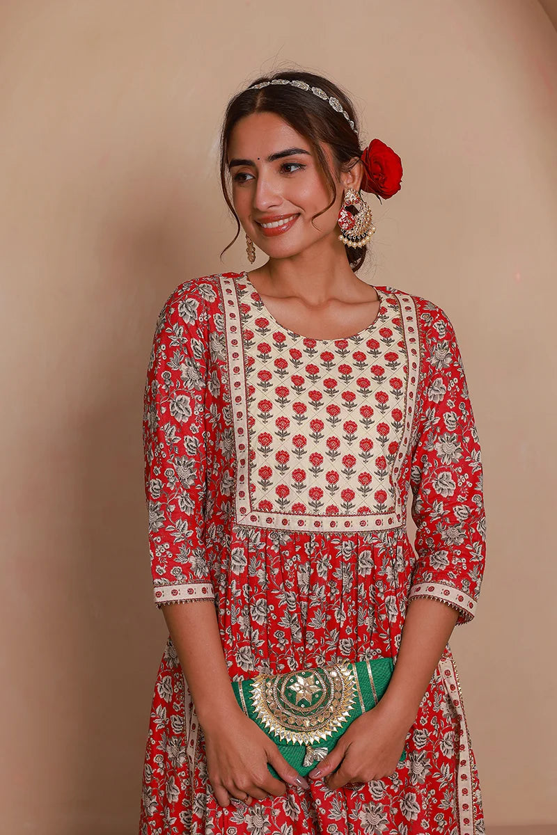 Red Floral Printed Gotta Thread Work Kurta with Trouser