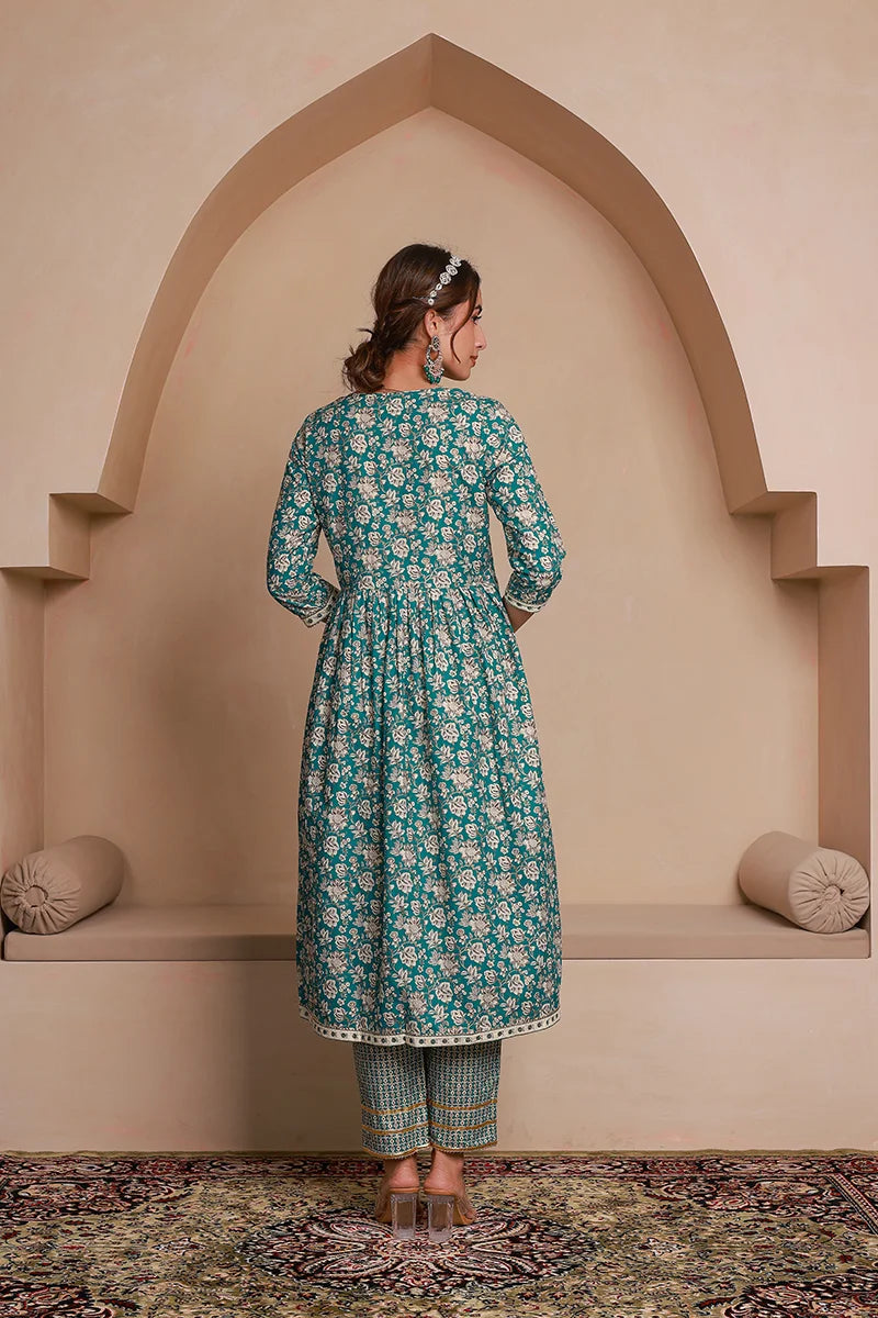 Green Floral Printed Gotta Thread Work Kurta with Trouser