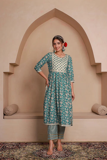 Green Floral Printed Gotta Thread Work Kurta with Trouser