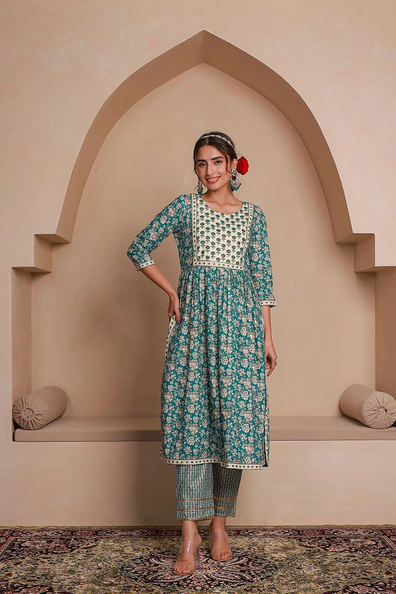 Green Floral Printed Gotta Thread Work Kurta with Trouser