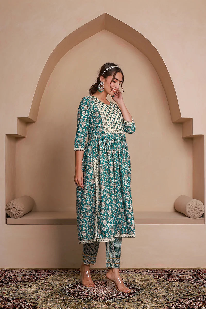 Green Floral Printed Gotta Thread Work Kurta with Trouser