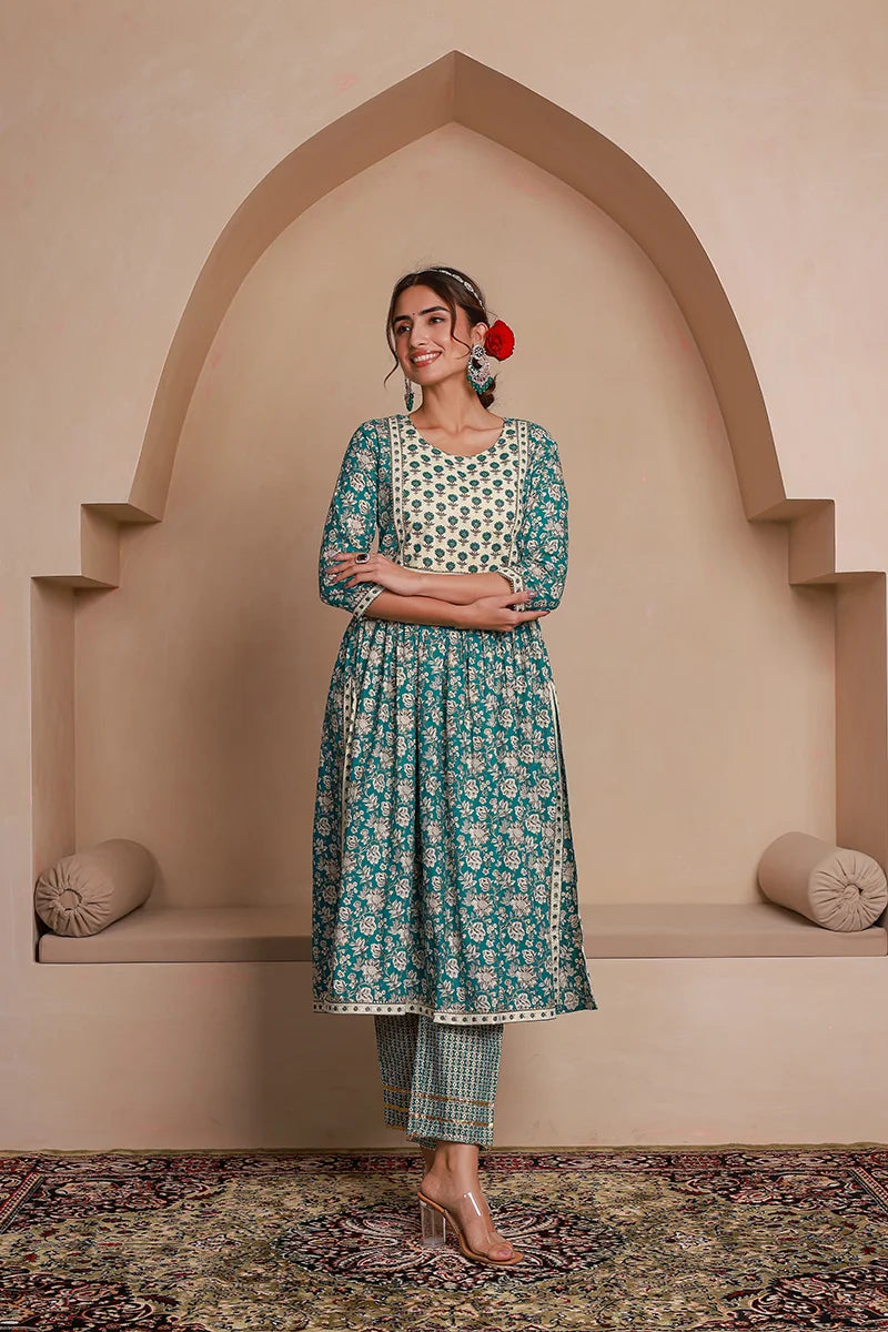 Green Floral Printed Gotta Thread Work Kurta with Trouser