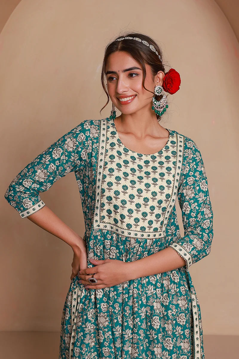 Green Floral Printed Gotta Thread Work Kurta with Trouser