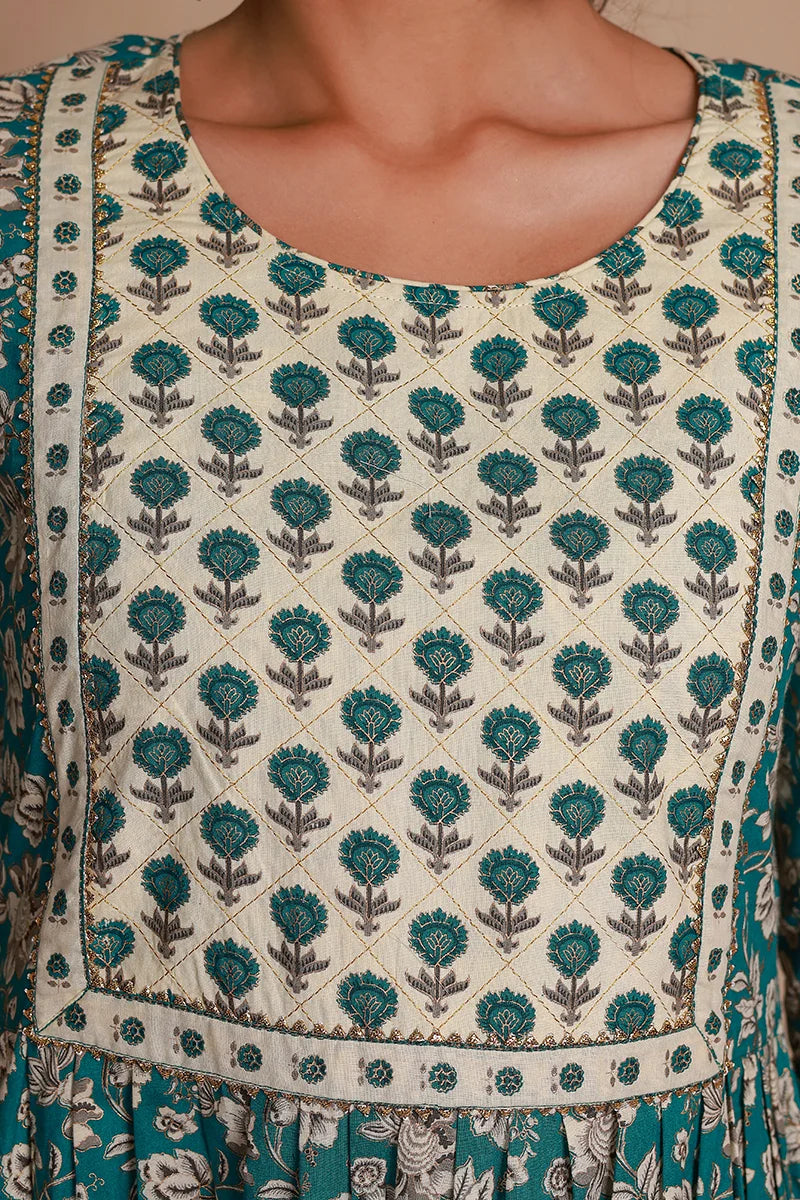 Green Floral Printed Gotta Thread Work Kurta with Trouser