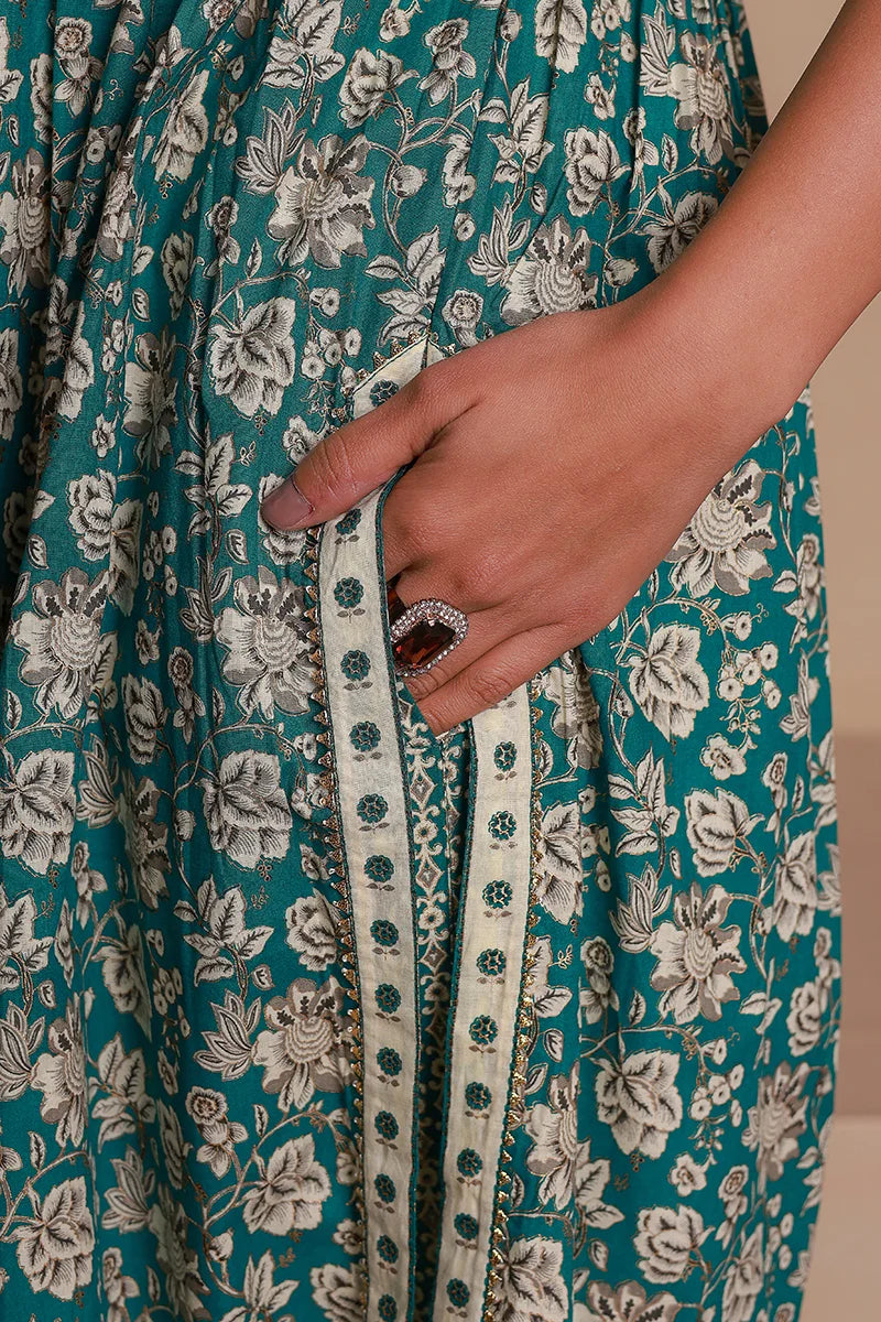 Green Floral Printed Gotta Thread Work Kurta with Trouser