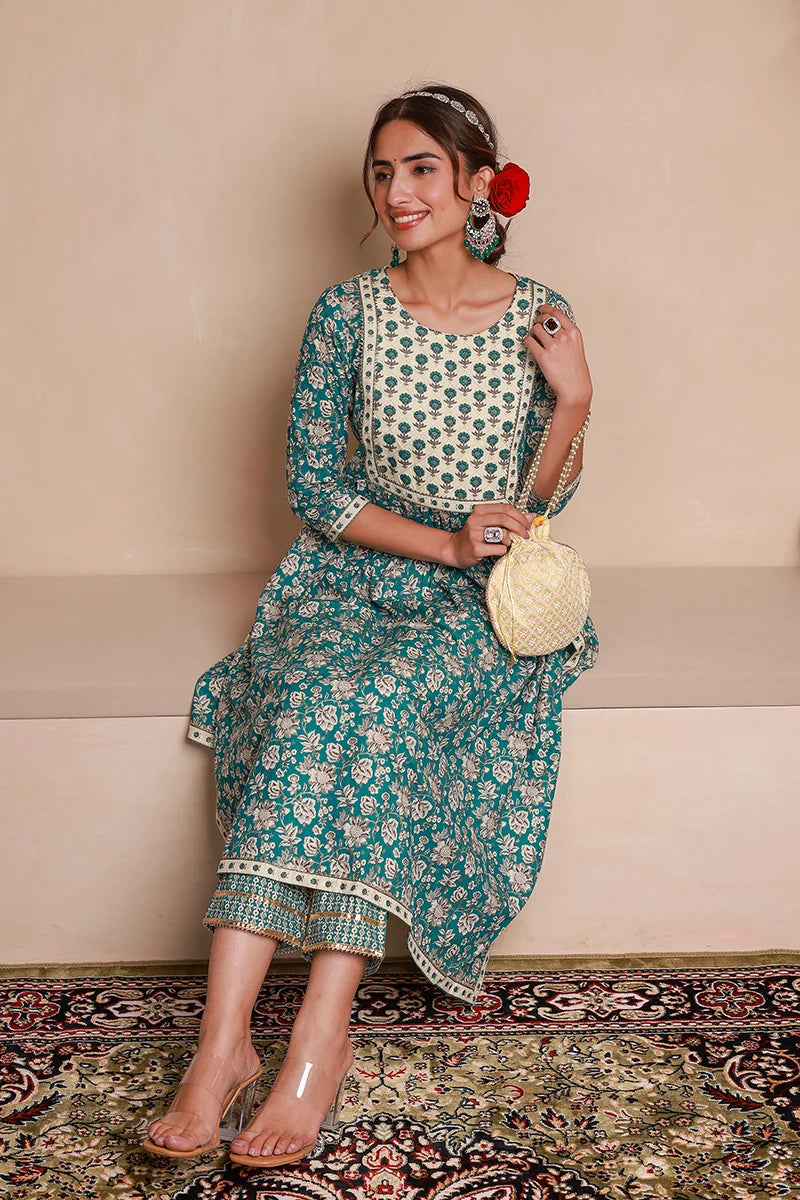 Green Floral Printed Gotta Thread Work Kurta with Trouser