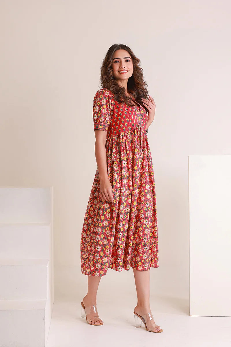Red Floral Printed V-Neck Gathered Detailed Cotton A-Line Midi Ethnic Dress