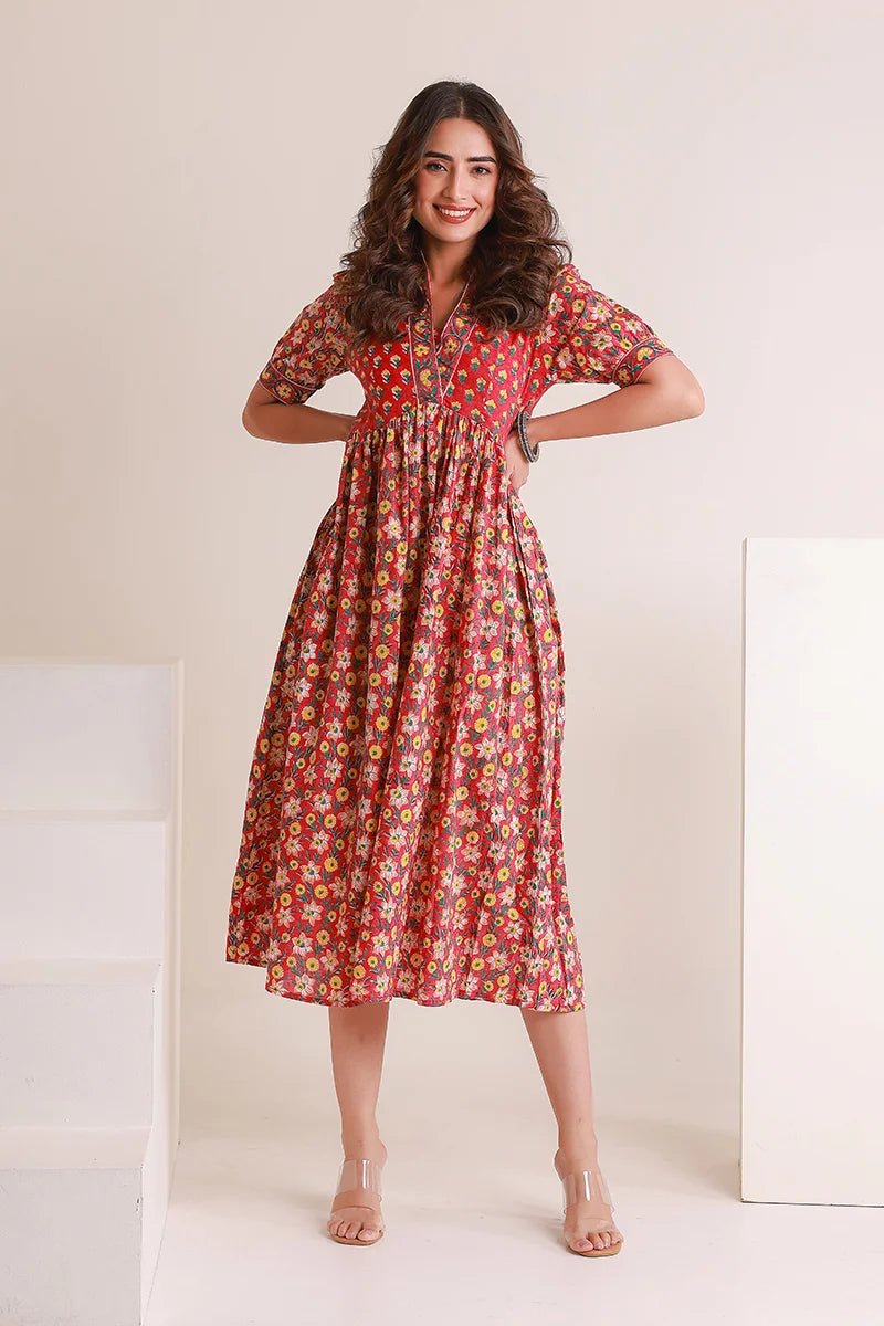 Red Floral Printed V-Neck Gathered Detailed Cotton A-Line Midi Ethnic Dress