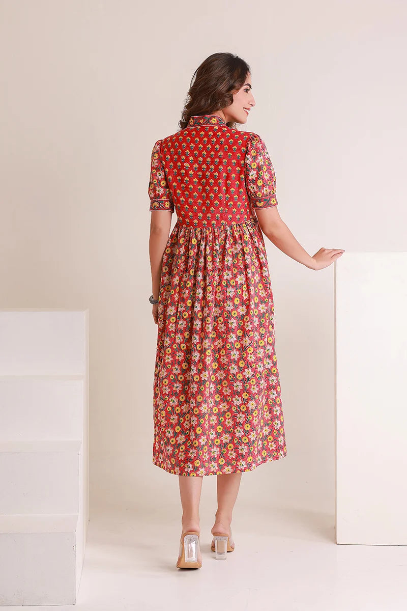 Red Floral Printed V-Neck Gathered Detailed Cotton A-Line Midi Ethnic Dress