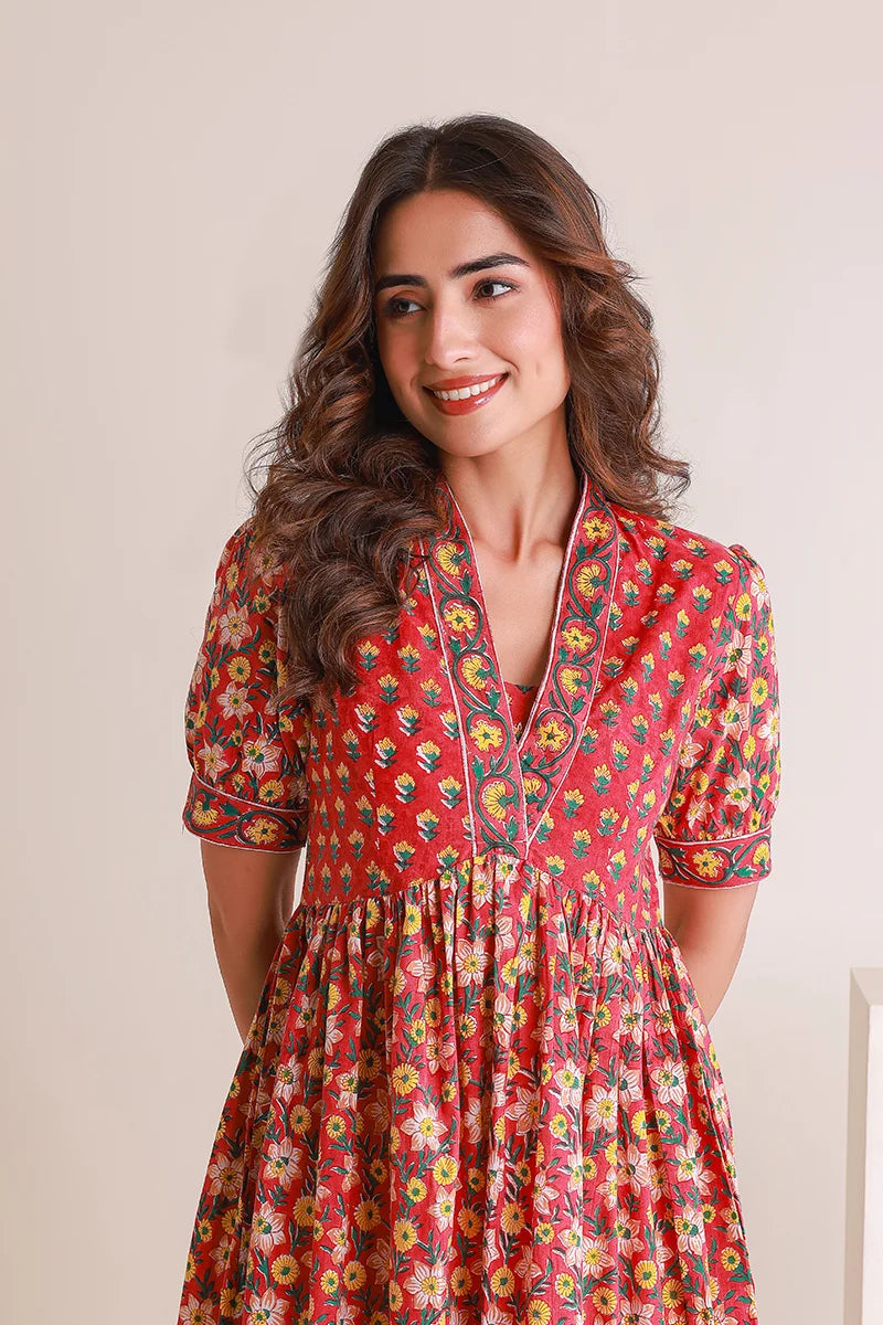 Red Floral Printed V-Neck Gathered Detailed Cotton A-Line Midi Ethnic Dress